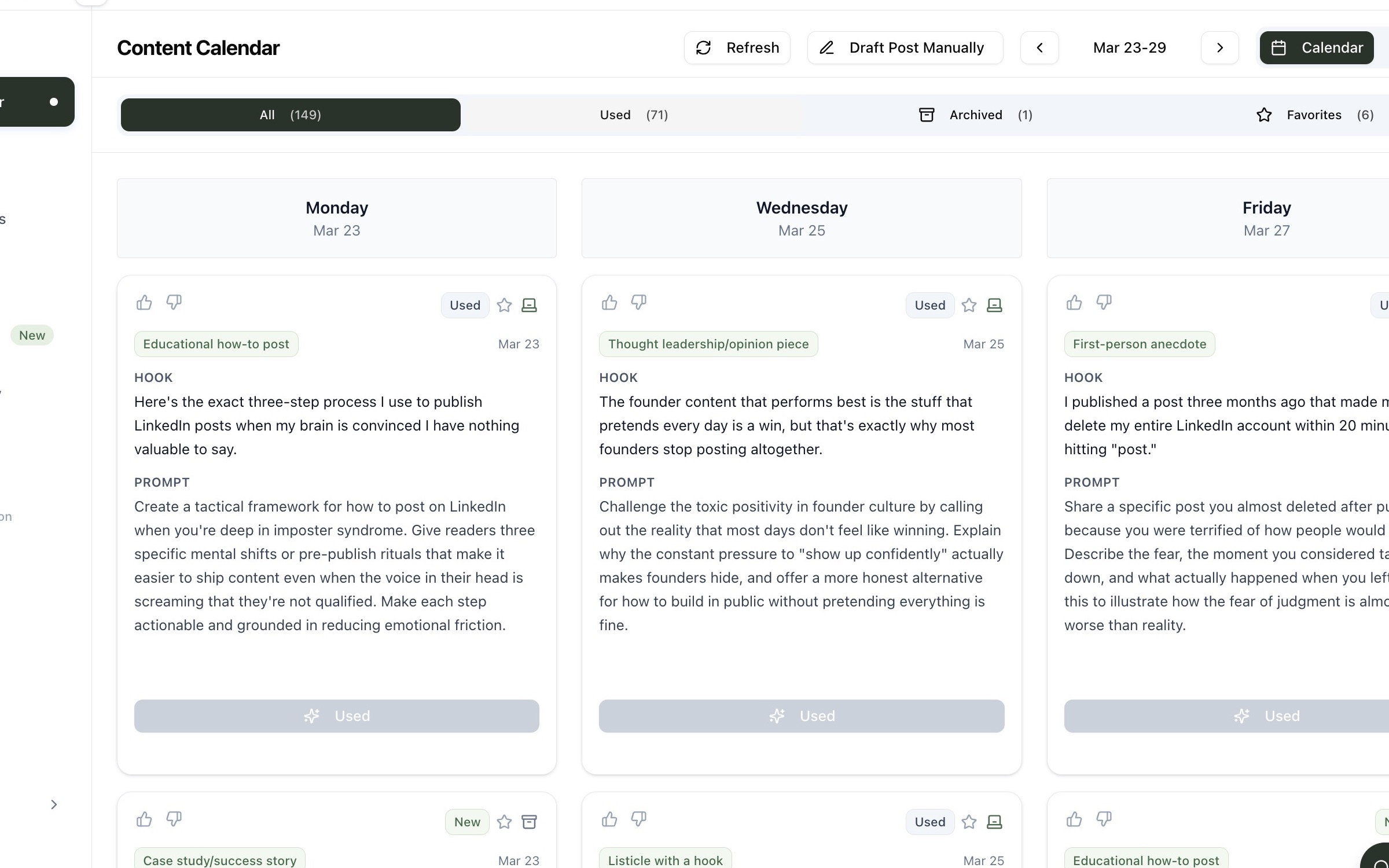 Mylance content calendar showing prompts and scheduled LinkedIn post ideas
