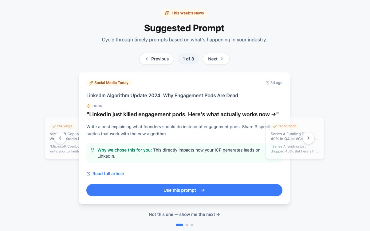 Mylance suggested prompts based on the user's content strategy